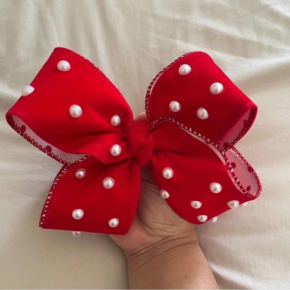 Handmade Red Bow with Pearls elegant polkadot valentines day feminine love chic